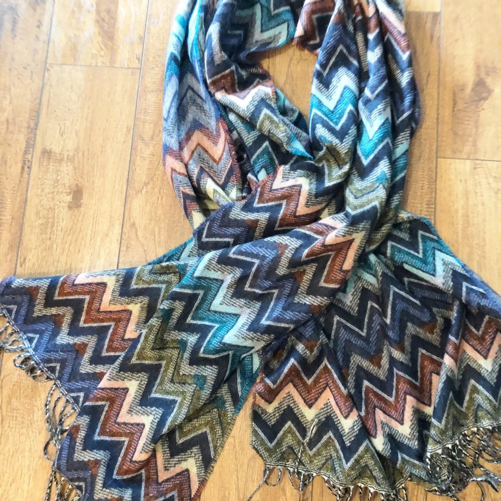 Aventura Multi-color Chevron Pattern Shawl Wrap Scarf w/Fringe Approx. 77" x 24"